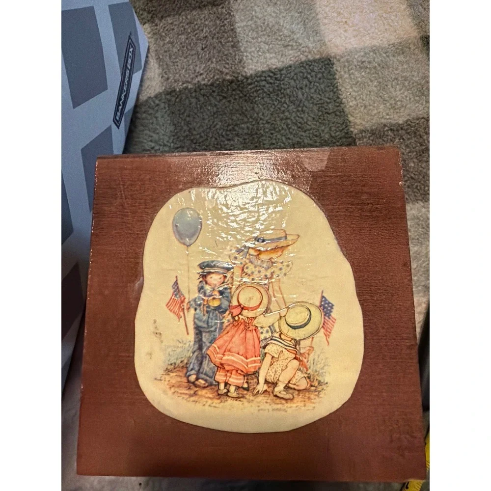 Vintage Wooden Decoupage Tissue Box Cover Children Americana Rustic Decor